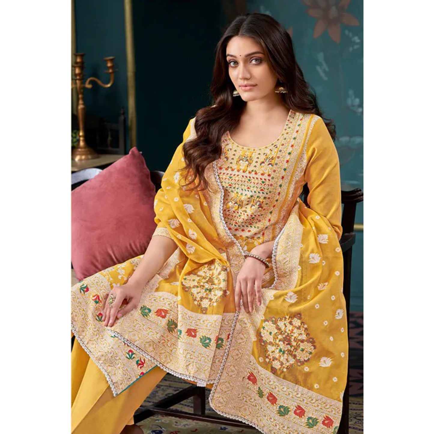 Indian Jacquard Designer Handwork Salwar Kameez Plazzo Pant Suits Designer Dupatta