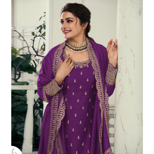 Heavy Embroidery Worked Georgette Fabric Roka Nikah Wear Purple Color Salwar Kameez Plazzo Suits
