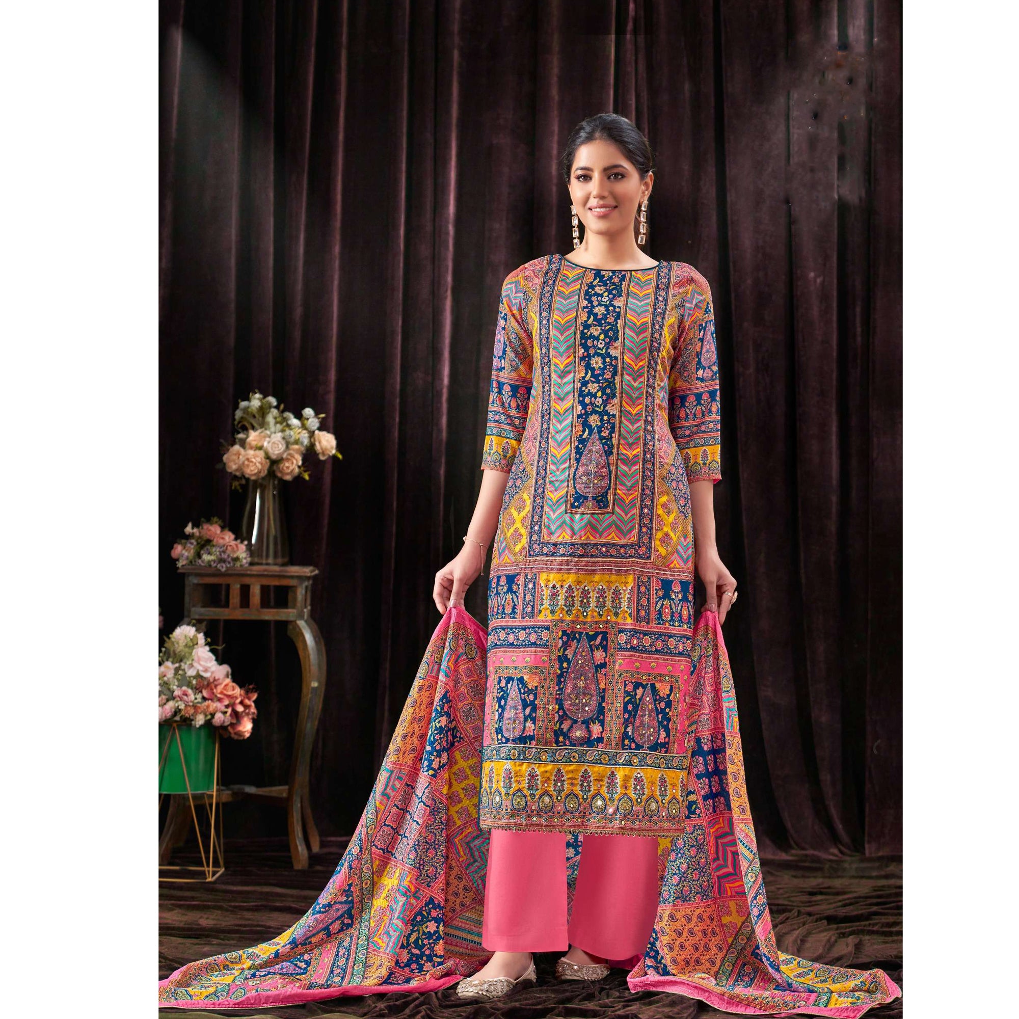 New Designed Pure Maslin Fabric Salwar Kameez Pant Suit's