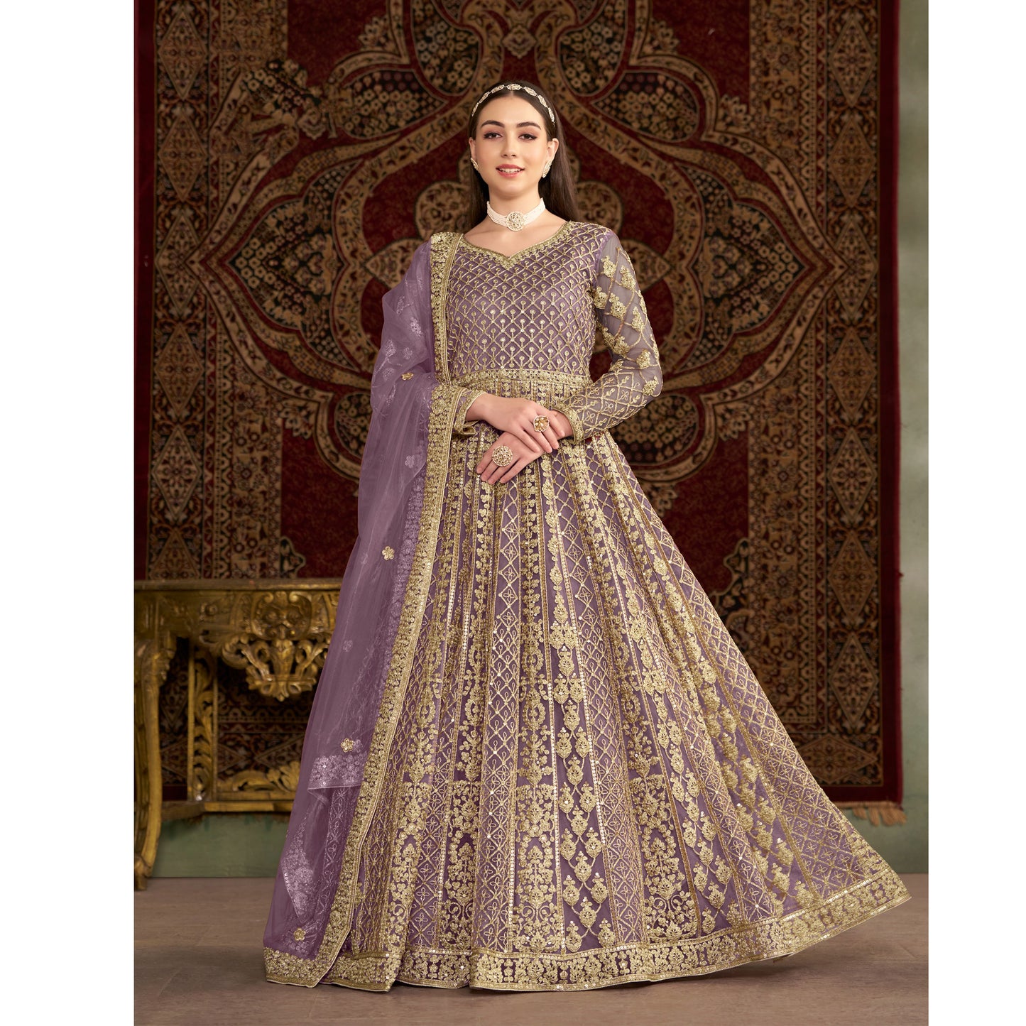 Pakistani Roka Nikah Wear Santoon Fabric & Embroidery Work Anarkali Gown Suit