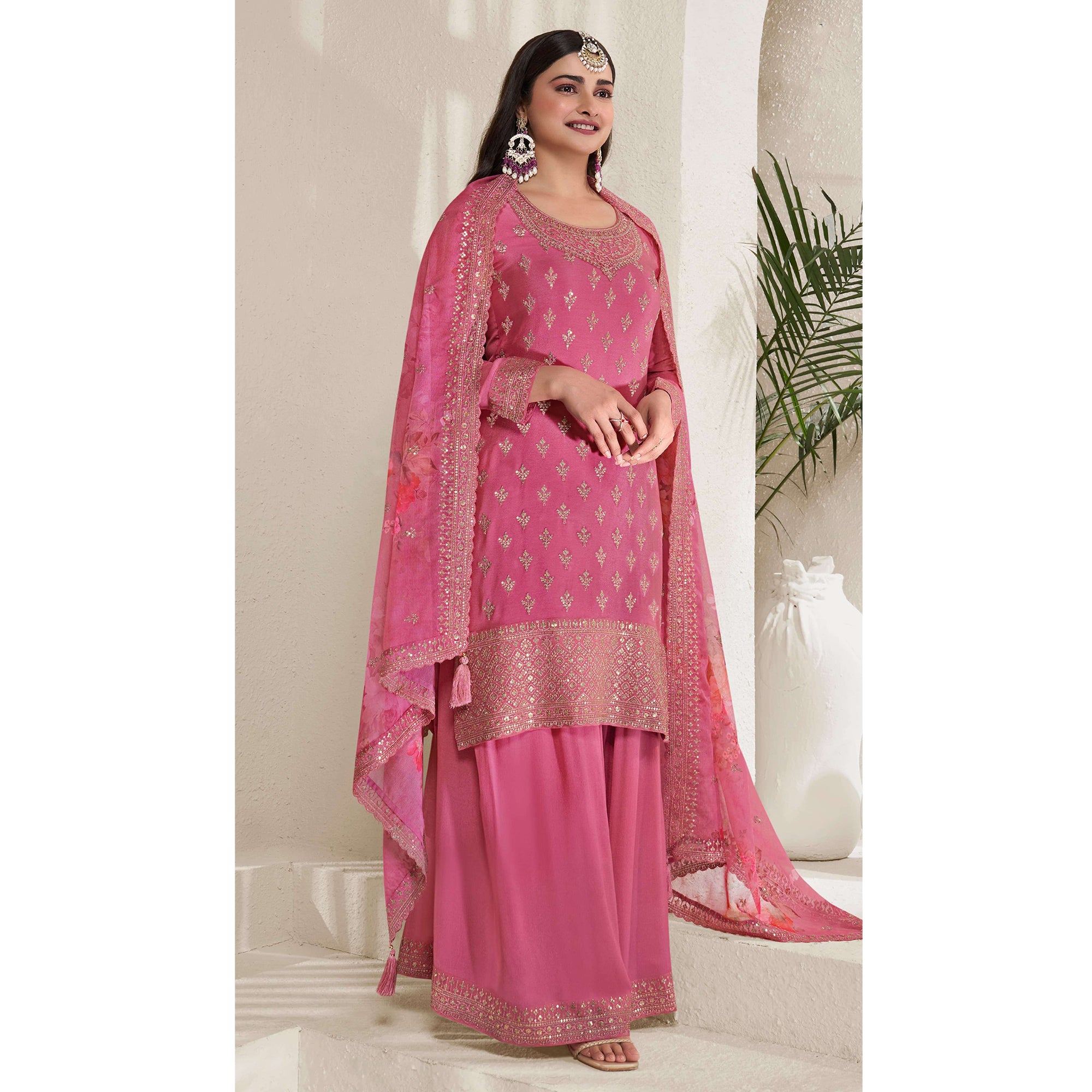 Pink Color Indian Pakistani Embroidery Worked Gorgeous Shalwar Kameez Plazzo Suits