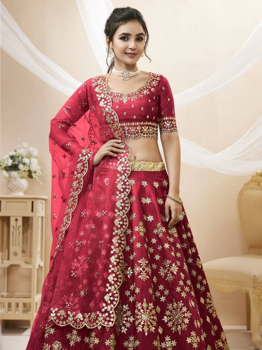 Pakistani Designer Mirror Work & Silk Material Event Party Wear Lehenga Choli With Soft Net Dupatta