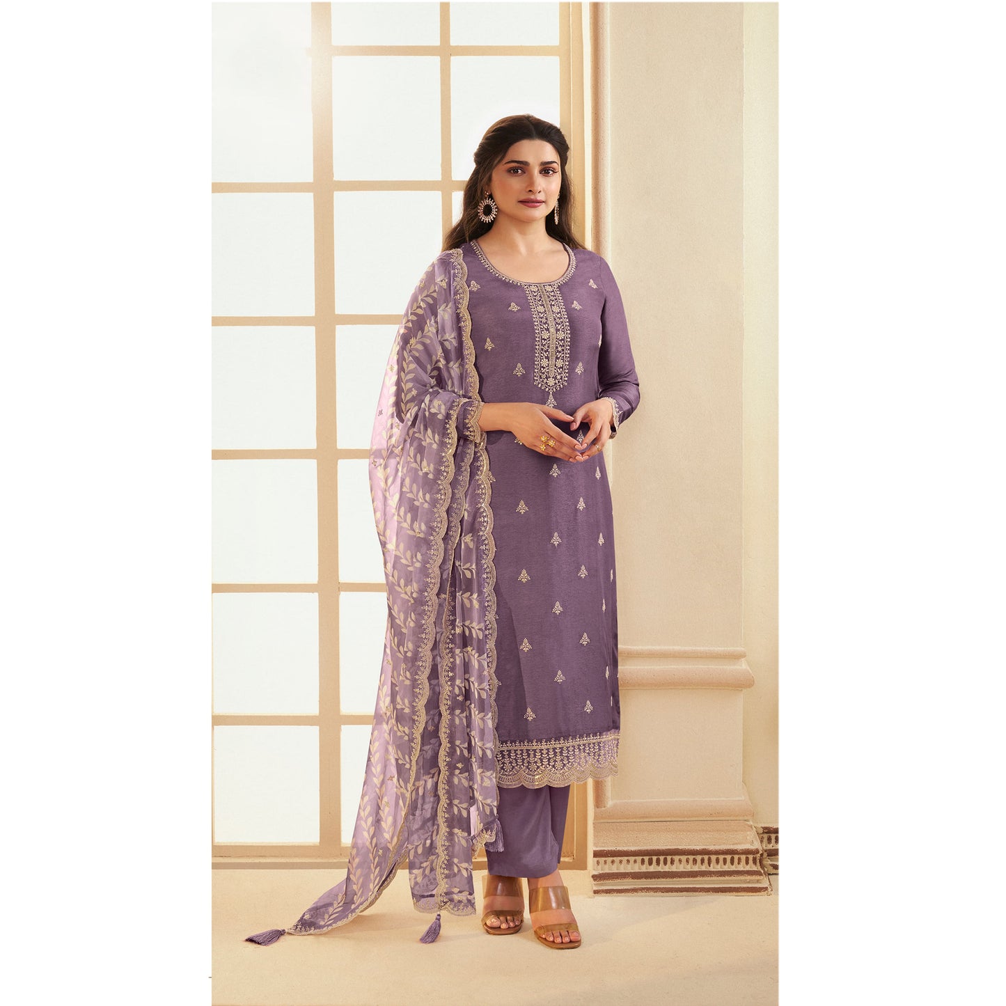 Pakistani Designer Embroidery Work Salwar kameez Palazzo Suit With Digital Printed Organza Dupatta