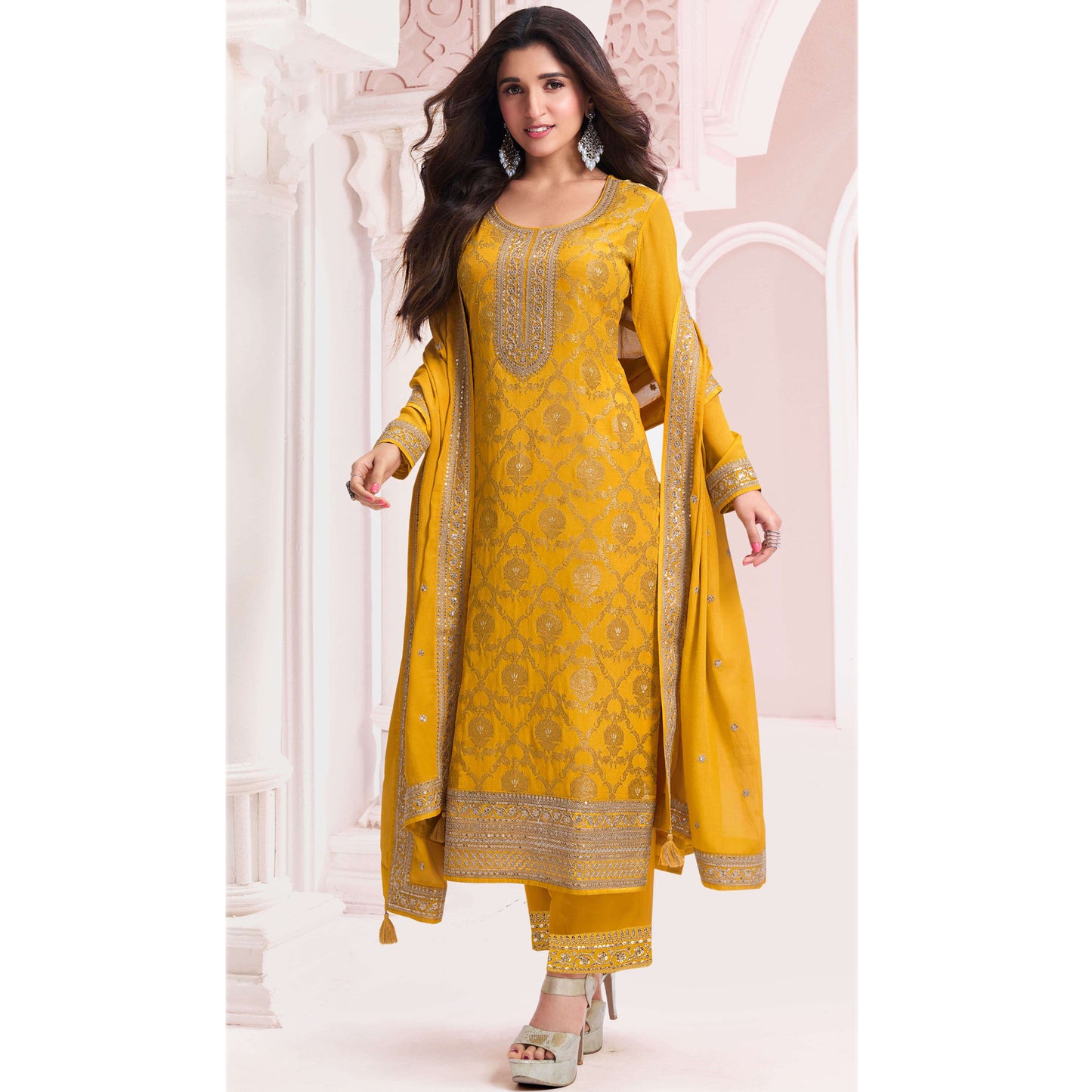 Women's Wear Embroidery Santoon Fabric Salwar Kameez Pant Suits With Chinon Dupatta