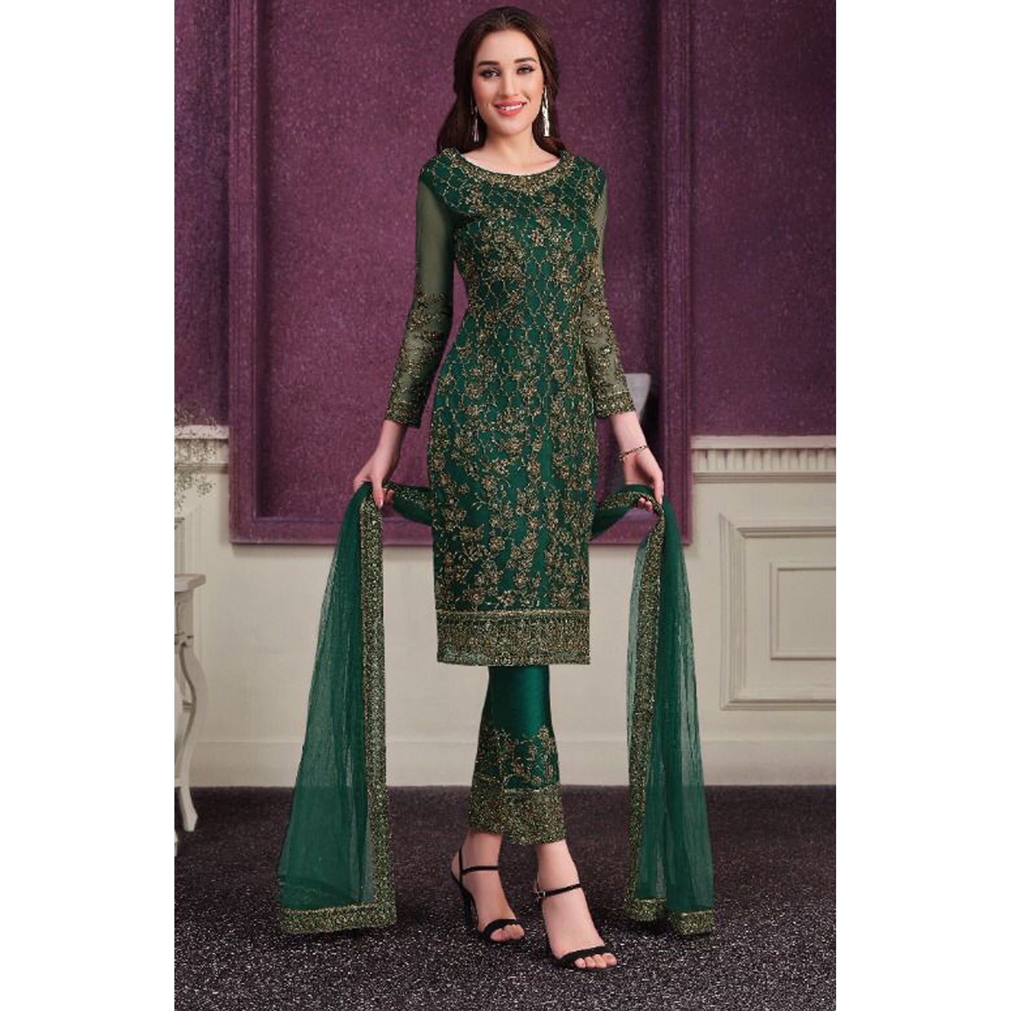 Attractive Designer Soft Net With Embroidery Work Salwar Kameez Pant Suit