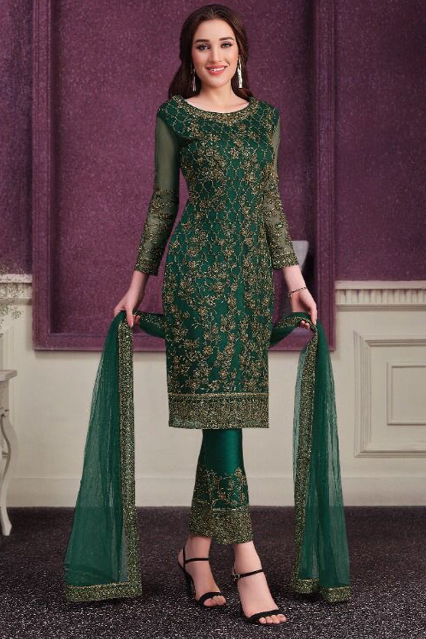 Attractive Designer Soft Net With Embroidery Work Salwar Kameez Pant Suit