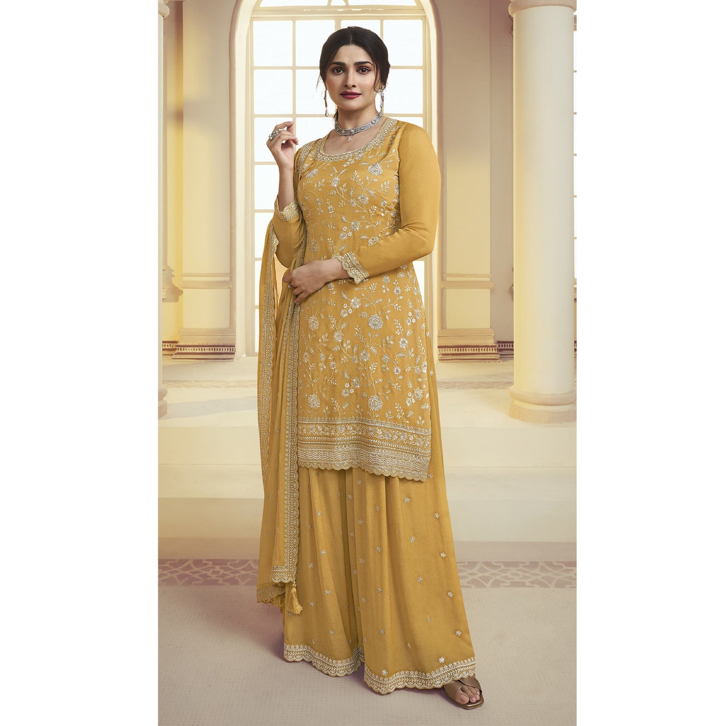 Indian Pakistani Designer Embroidery Work Salwar Kameez Palazzo Suit With Chinon Dupatta