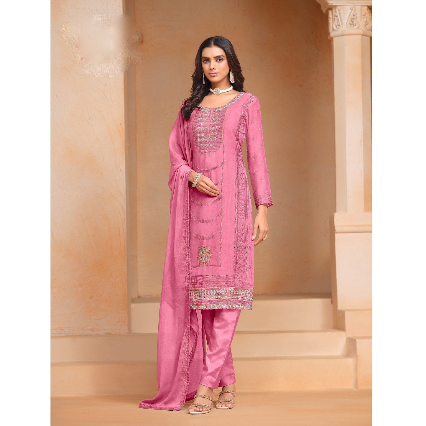 Modern Style Wear Organza Chiffon Embroidery Work Salwar Kameez Pant Suits