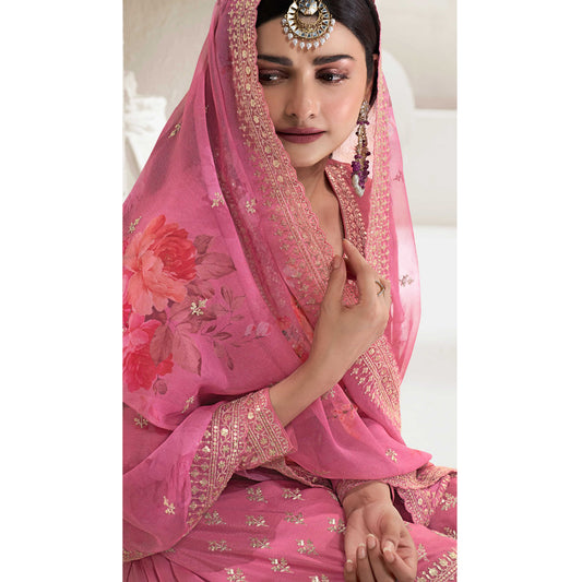 Pink Color Indian Pakistani Embroidery Worked Gorgeous Shalwar Kameez Plazzo Suits