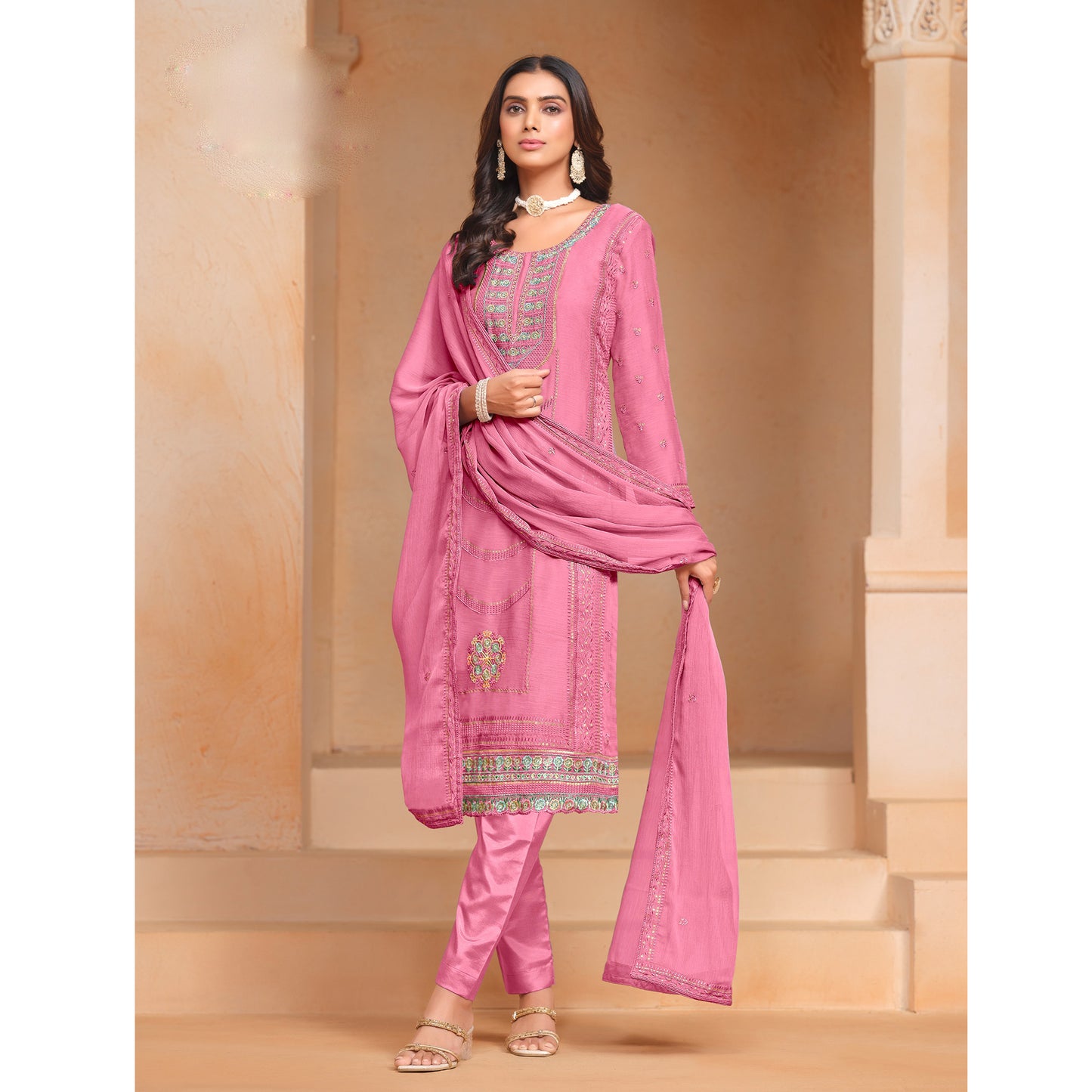 Modern Style Wear Organza Chiffon Embroidery Work Salwar Kameez Pant Suits