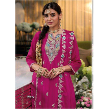 Pakistani Nikah Wear Chinon With Embroidery Work Heavy Silk Salwar Kameez Pant Suits