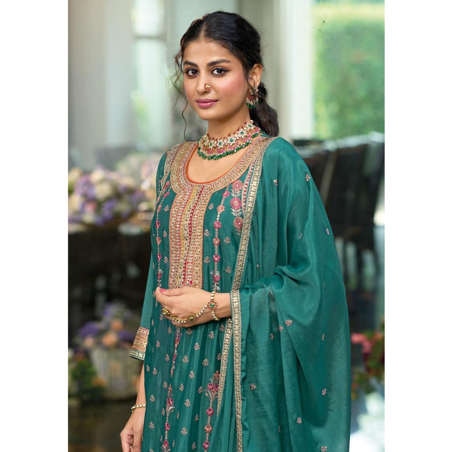 Attractive Designer Chinon Fabric Emboidery Work Salwar Kameez Plazo Suits