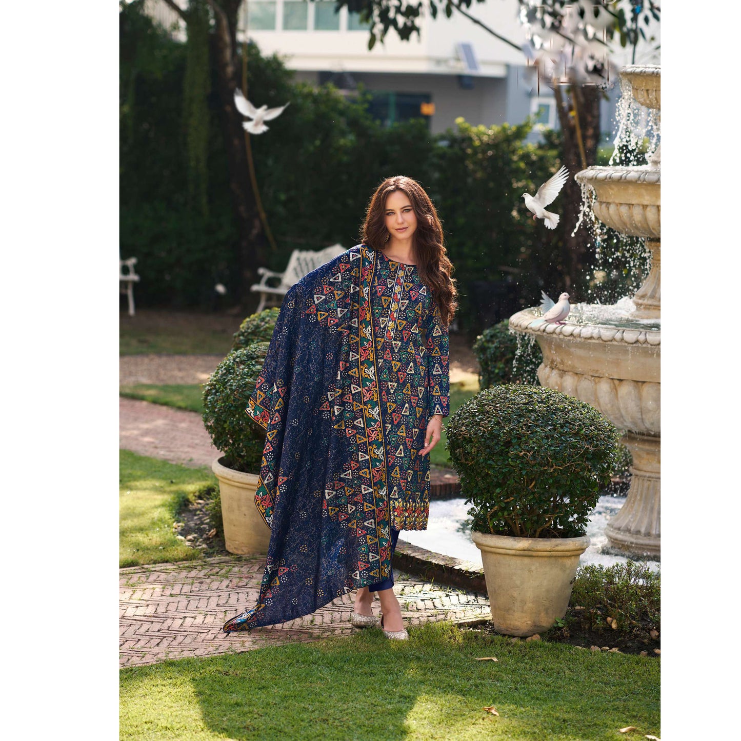 Digital Printed And Mirror Worked Event Party Wear Shalwar Kameez  Pant Suit's