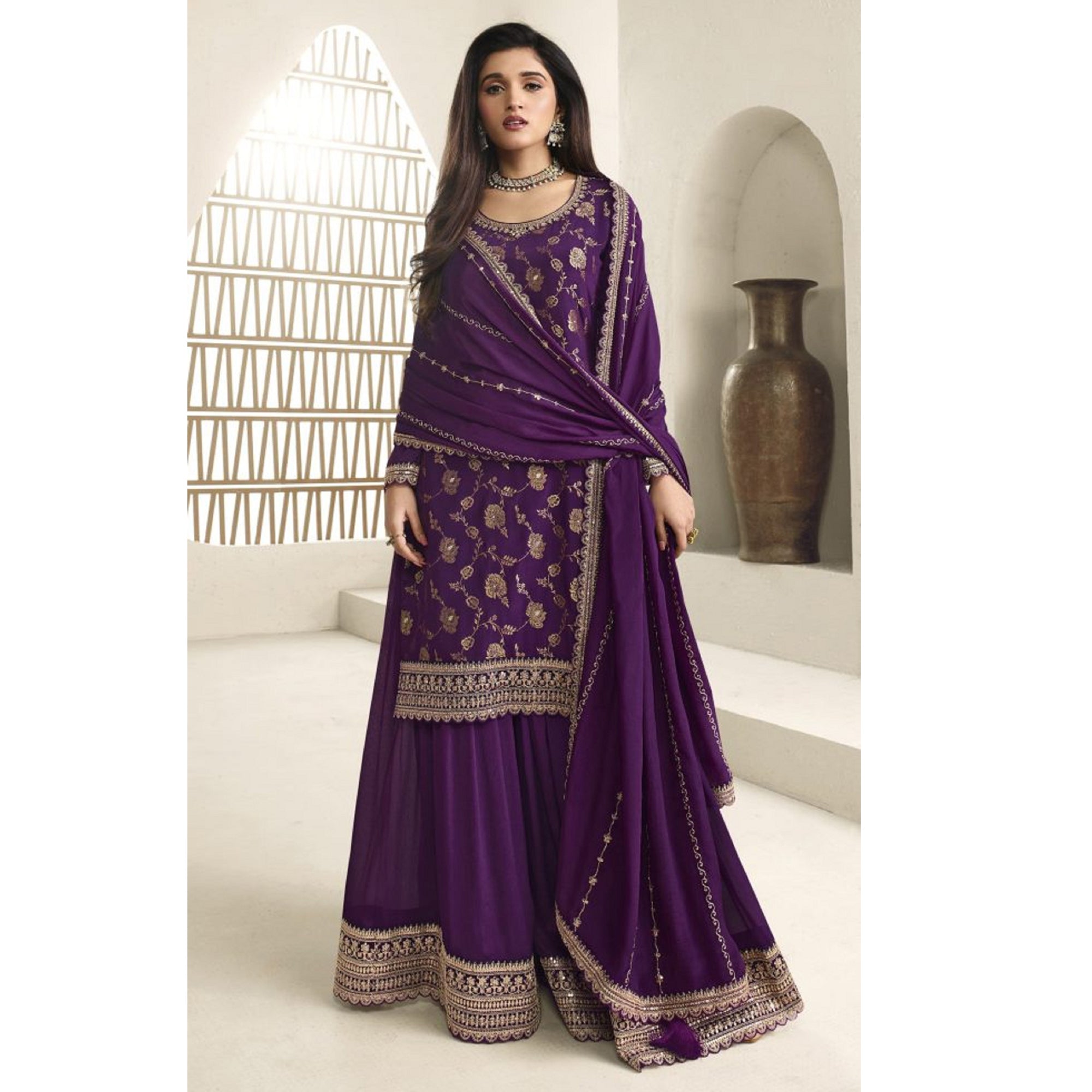 Royal Wedding Wear Purple Color Heavy Embroidery Worked Stitched Shalwar Kameez Plazzo Suits