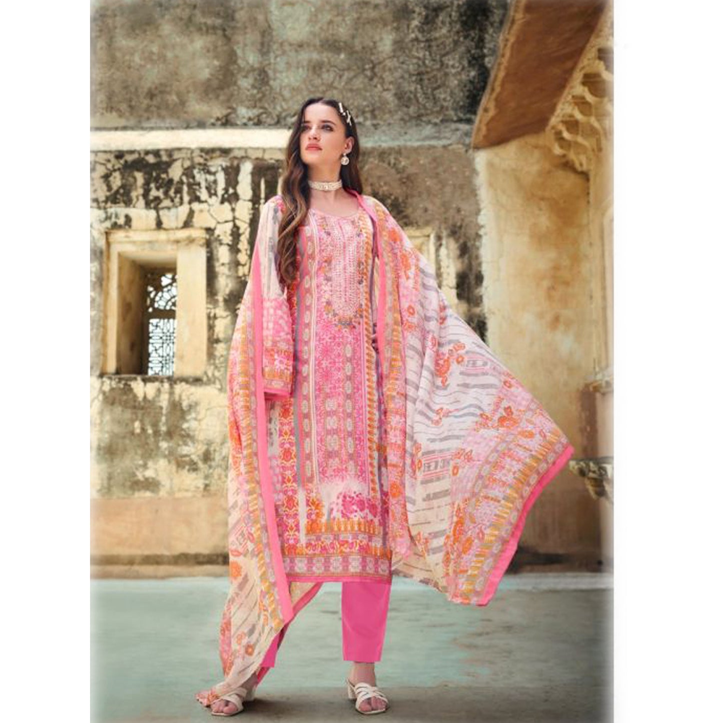 Stylish Designer Pure Cotton Fabric Embroidery Work Mal Mal Print Salwar Kameez Plazzo Pant Suit