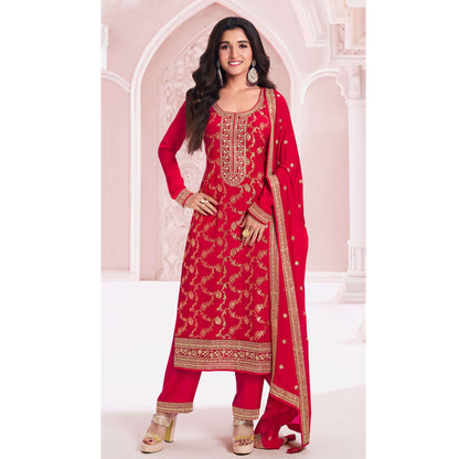 Women's Wear Embroidery Santoon Fabric Salwar Kameez Pant Suits With Chinon Dupatta