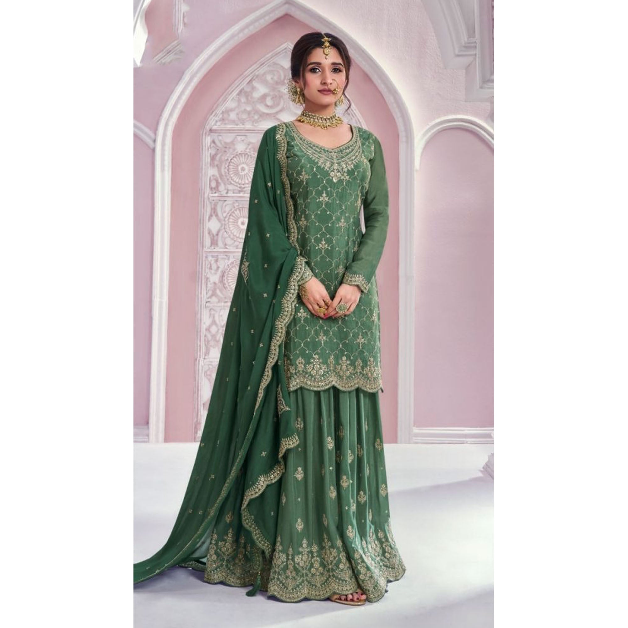 Indian Ethnic Wear Chinon With Embroidery Work Salwar Kameez Sharara suits