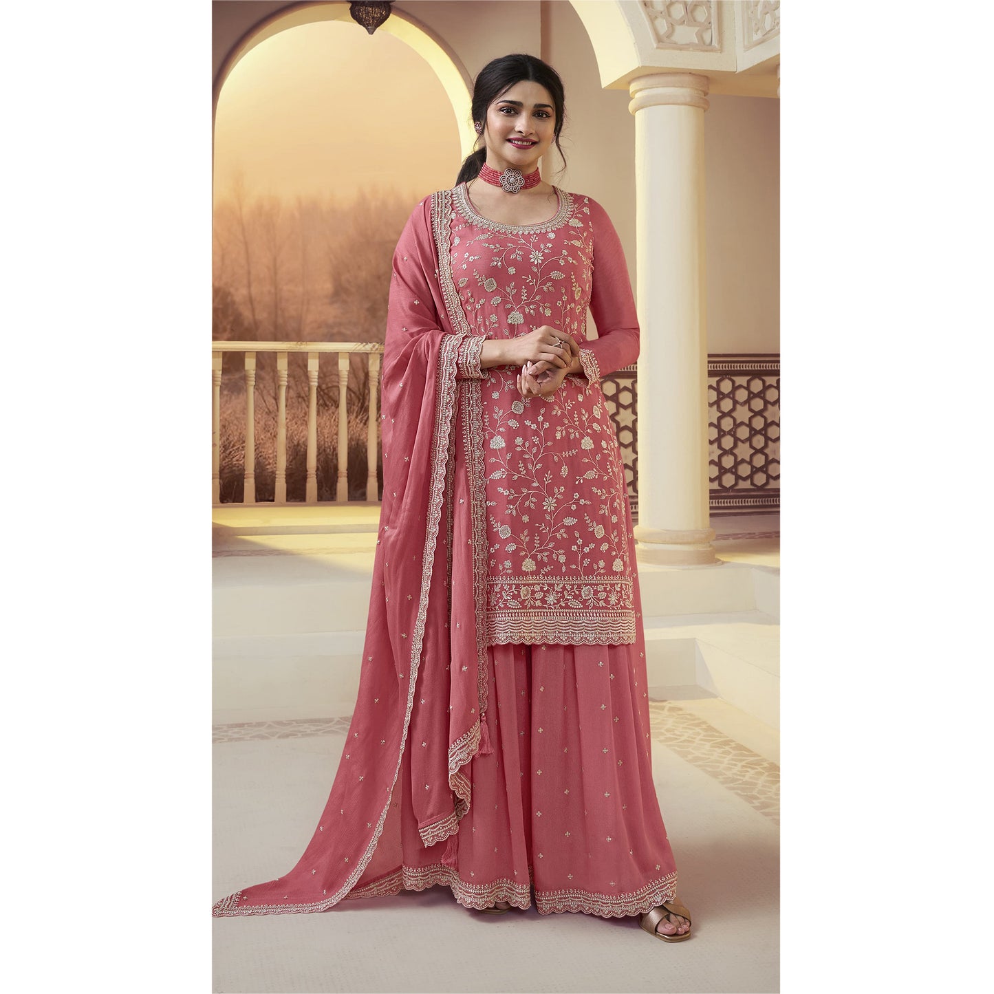 Indian Pakistani Designer Embroidery Work Salwar Kameez Palazzo Suit With Chinon Dupatta