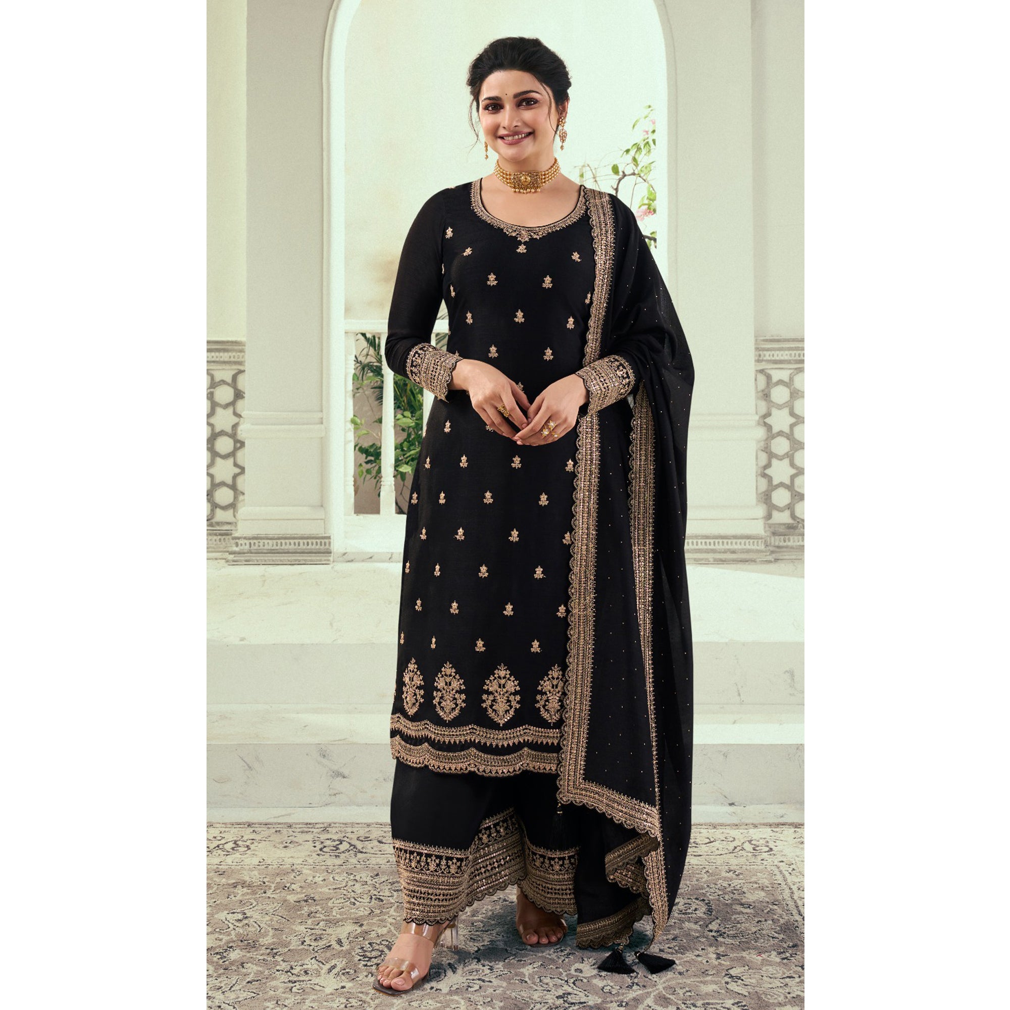 Georgette Fabric Wear Black Color Unique Design Salwar Kameez Plazzo Suits