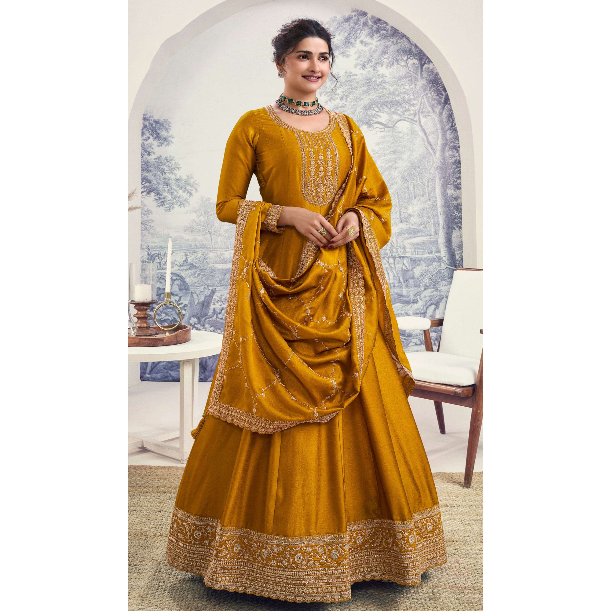 Yellow Color Haldi Function Wear Long Anarkali Gown Embroidery Worked Stitched Stylish Gown