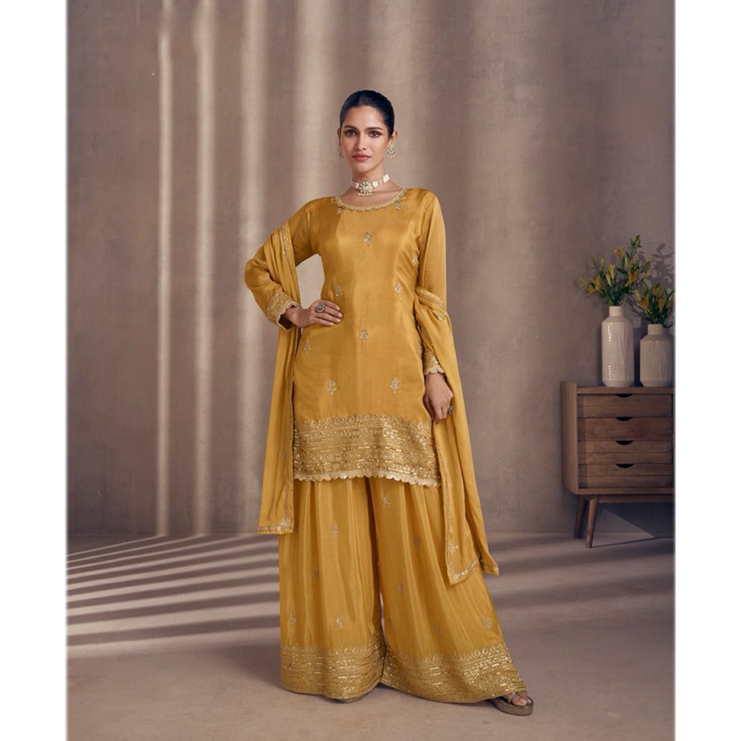 Eid Ramdan Special Chinon Silk Heavy Embroidery Work Salwar Kameez Plazzo Suit