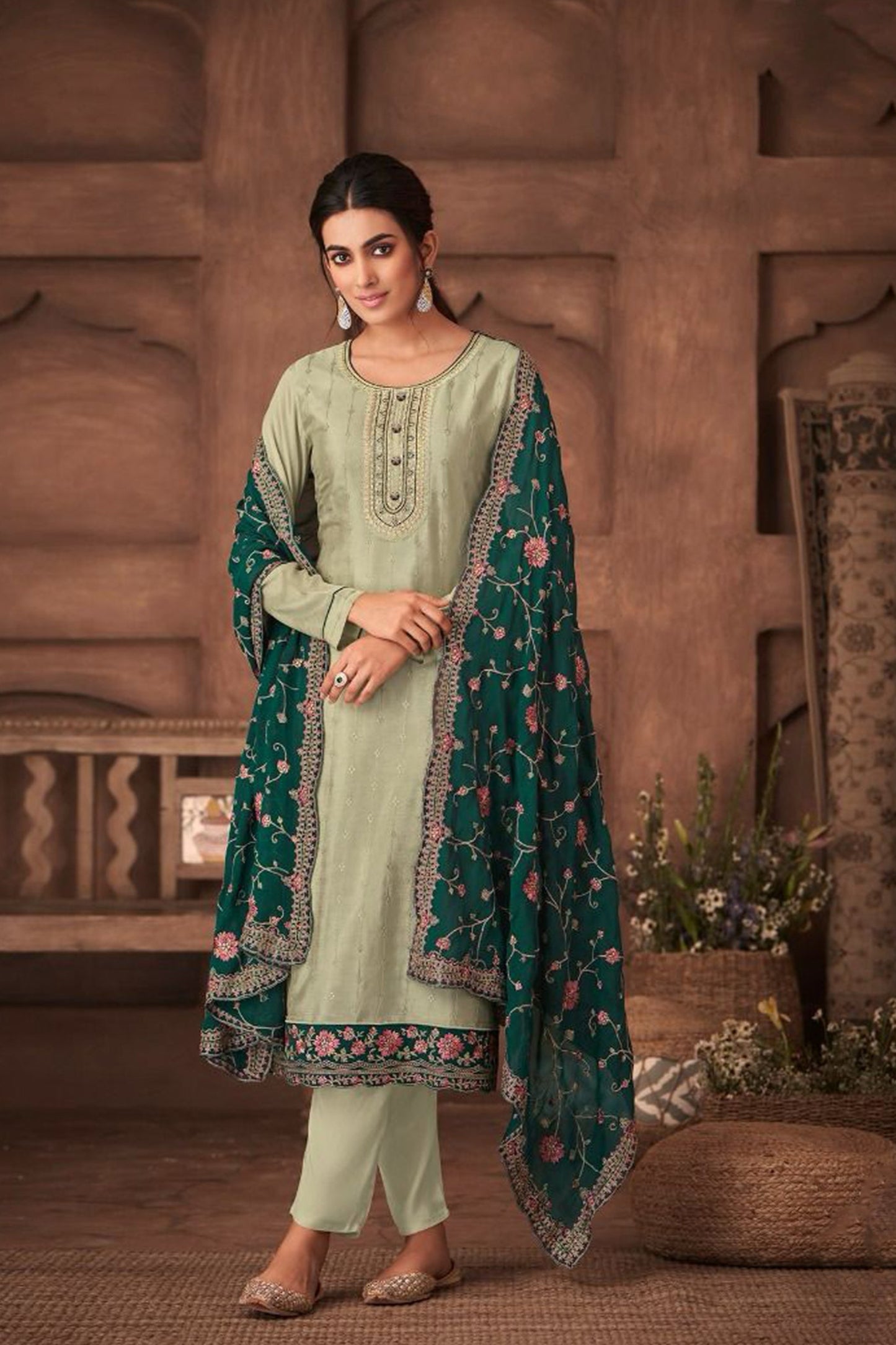 Attractive Chinon Fabric Designer Salwar Kameez Pant Suit With Santoon Dupatta