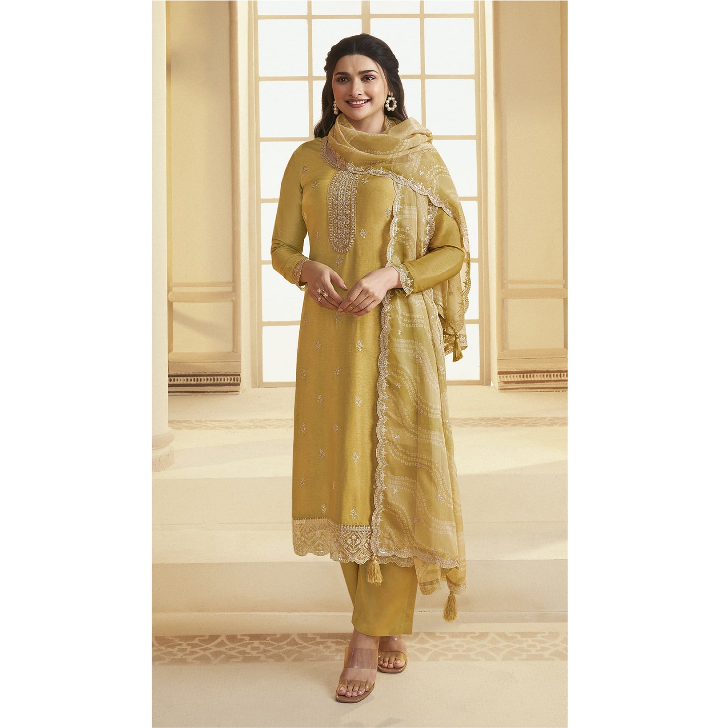 Pakistani Designer Embroidery Work Salwar kameez Palazzo Suit With Digital Printed Organza Dupatta