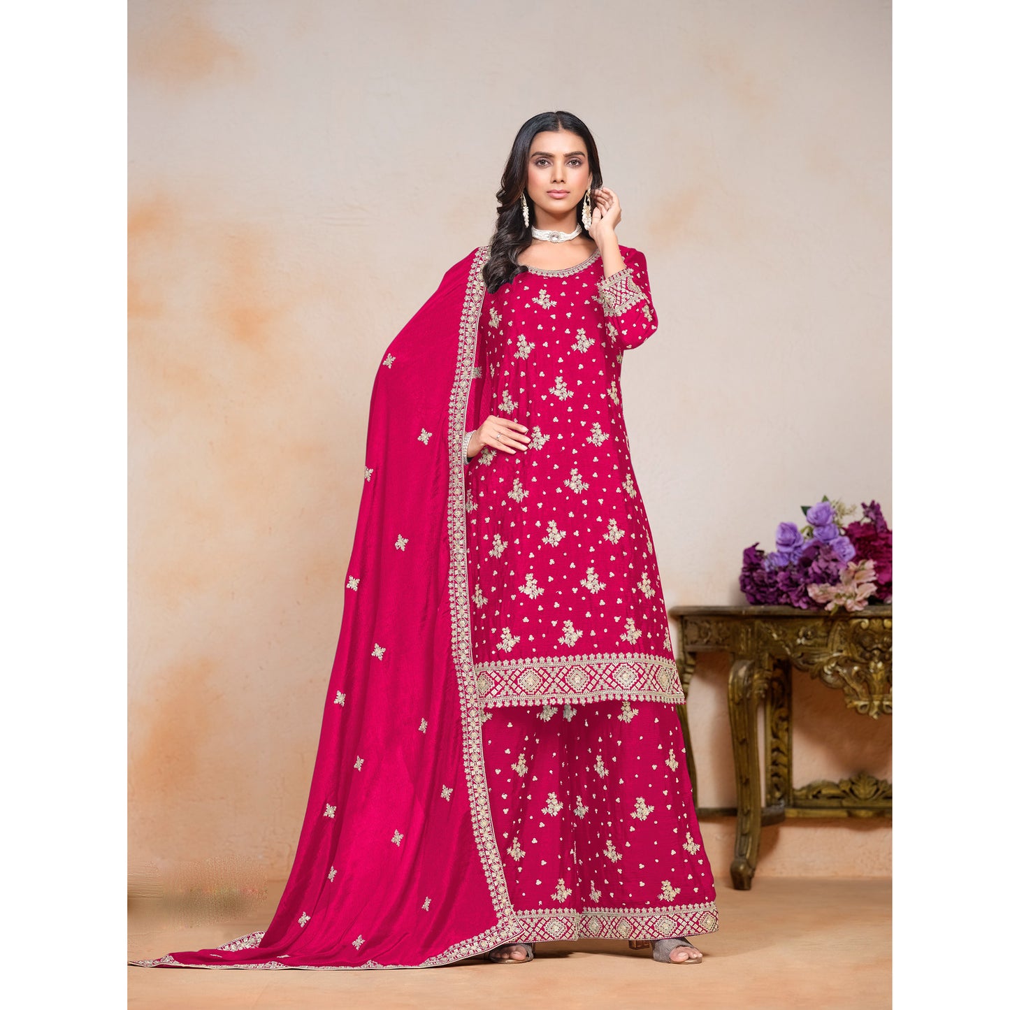 Indian Traditional Wear Chinon Fabric Salwar Kameez Plazzo Suit With Dupatta