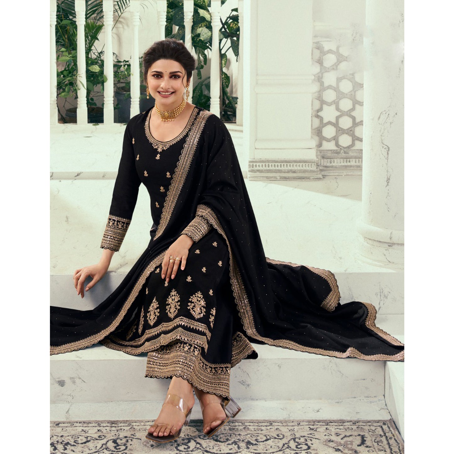 Georgette Fabric Wear Black Color Unique Design Salwar Kameez Plazzo Suits