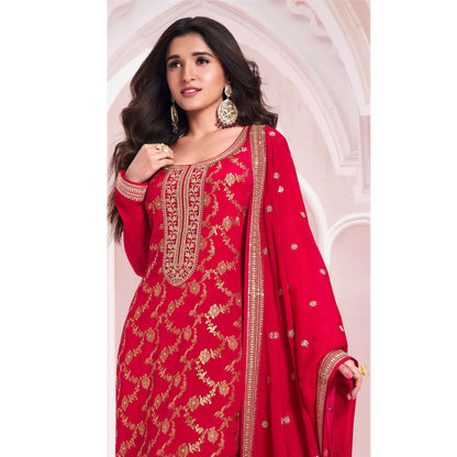 Women's Wear Embroidery Santoon Fabric Salwar Kameez Pant Suits With Chinon Dupatta