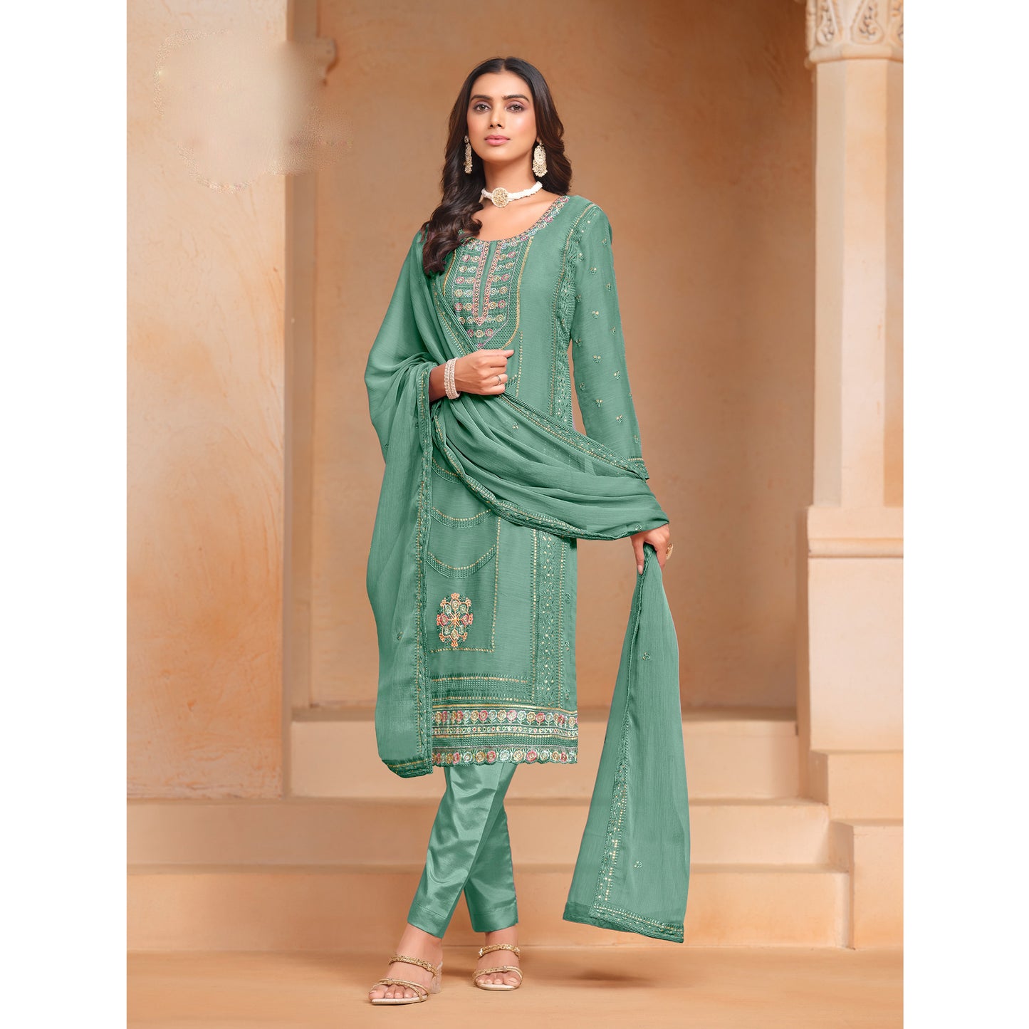 Modern Style Wear Organza Chiffon Embroidery Work Salwar Kameez Pant Suits