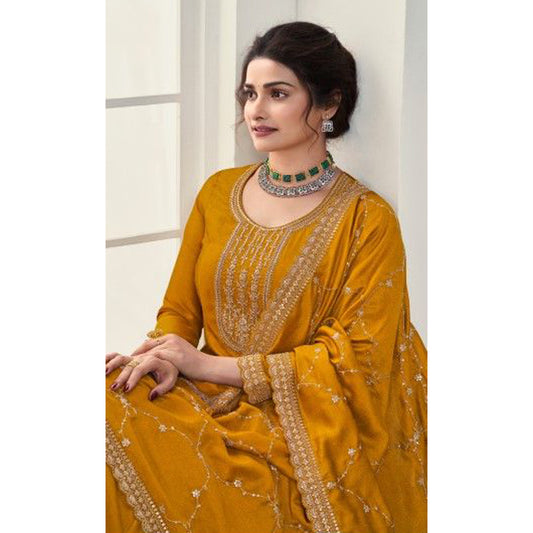 Yellow Color Haldi Function Wear Long Anarkali Gown Embroidery Worked Stitched Stylish Gown