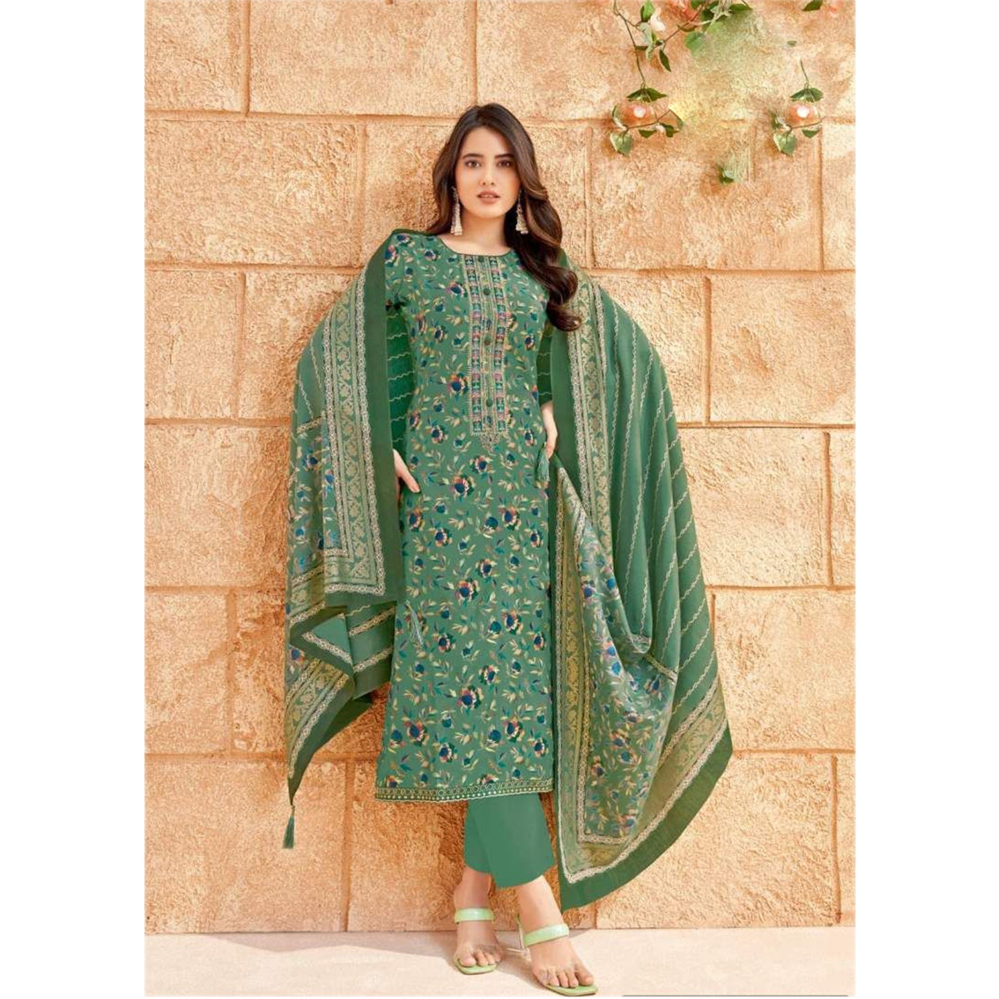 Pakistani Designer Foil Printed With Neck Embroidery Work Salwar Kameez Plazzo Pant Suits