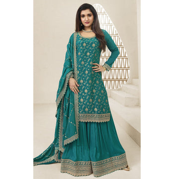 South Asian Women's Wear Beautiful Teal Blue Color Salwar Kameez Suits with Designer Plazzo Outfits