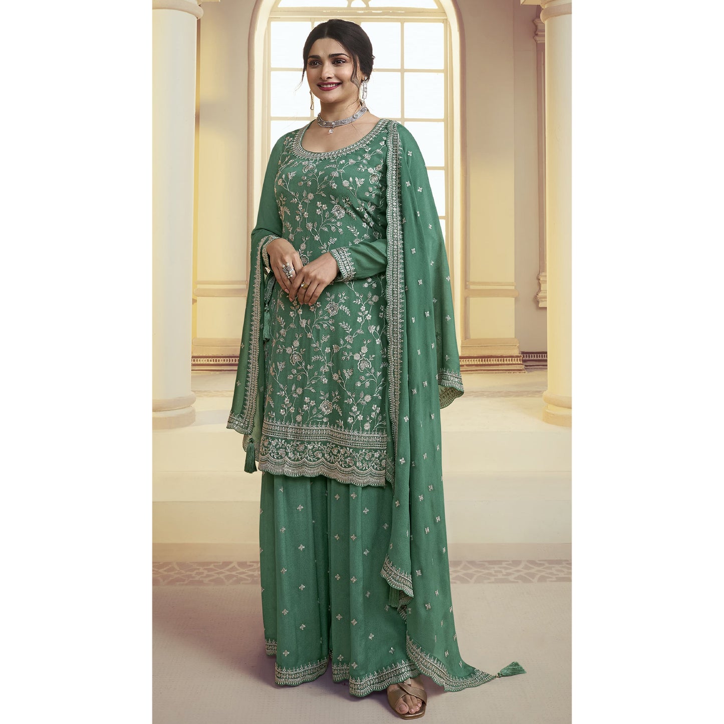 Indian Pakistani Designer Embroidery Work Salwar Kameez Palazzo Suit With Chinon Dupatta