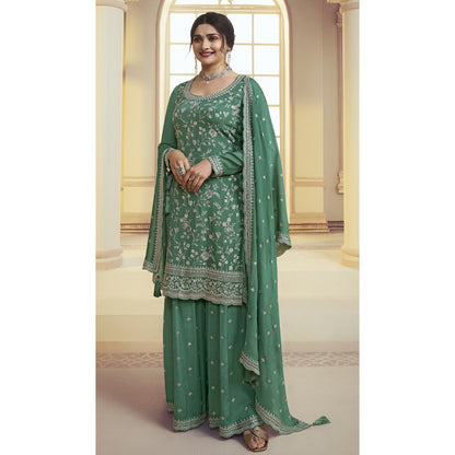 Indian Pakistani Designer Embroidery Work Salwar Kameez Palazzo Suit With Chinon Dupatta