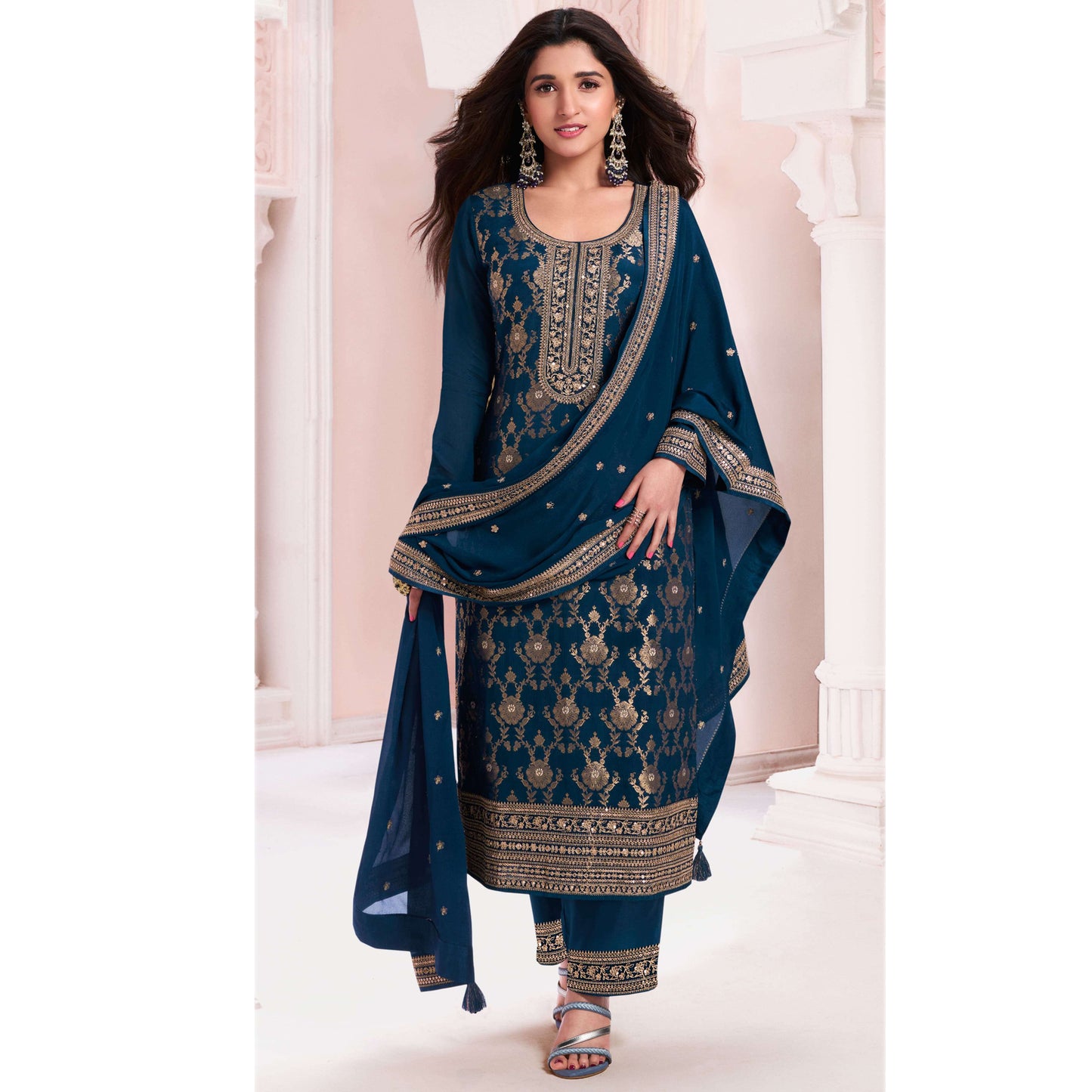 Women's Wear Embroidery Santoon Fabric Salwar Kameez Pant Suits With Chinon Dupatta