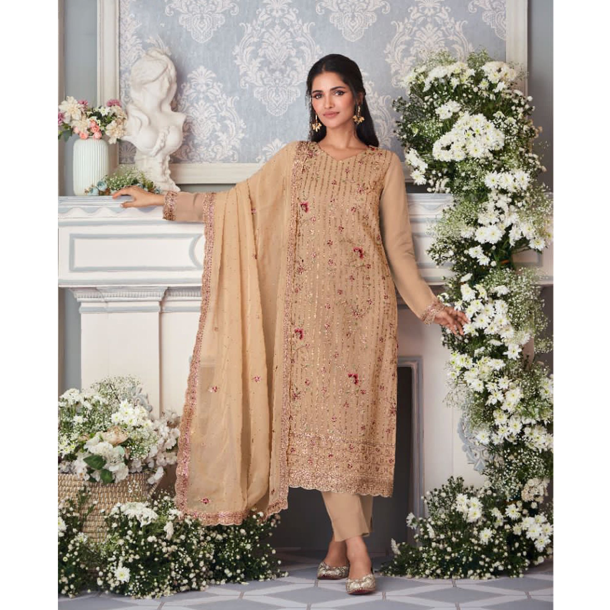 Pakistani Designer Event Wear Organza Silk & Santoon Fabric Salwar Kameez Pant Suit