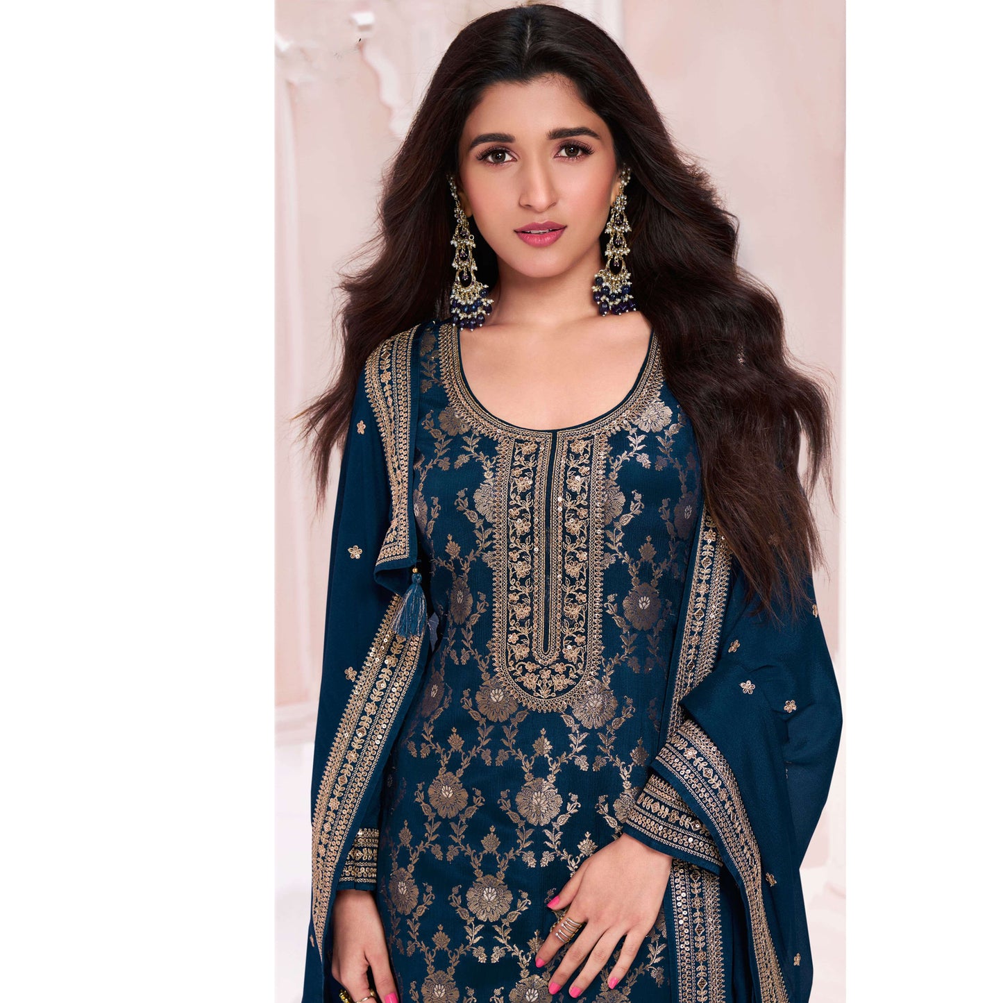 Women's Wear Embroidery Santoon Fabric Salwar Kameez Pant Suits With Chinon Dupatta