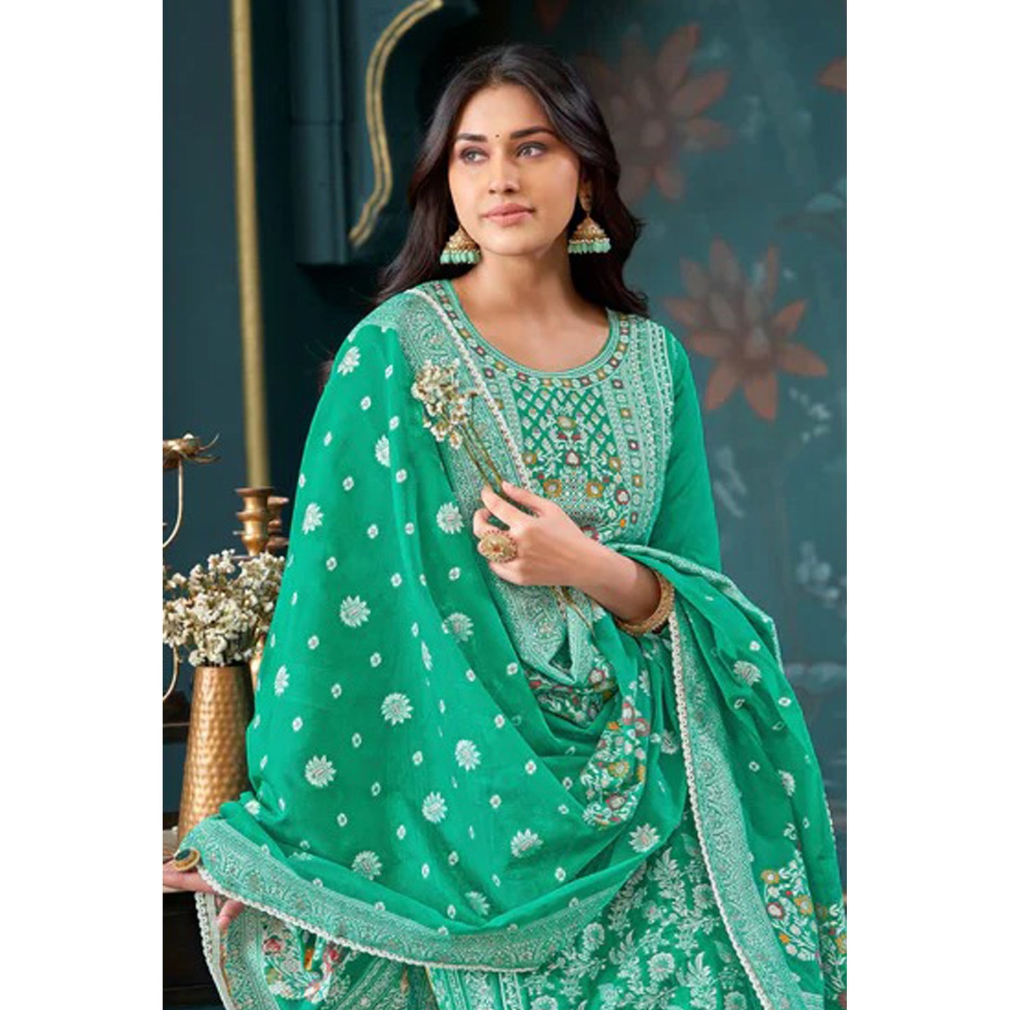 Indian Jacquard Designer Handwork Salwar Kameez Plazzo Pant Suits Designer Dupatta