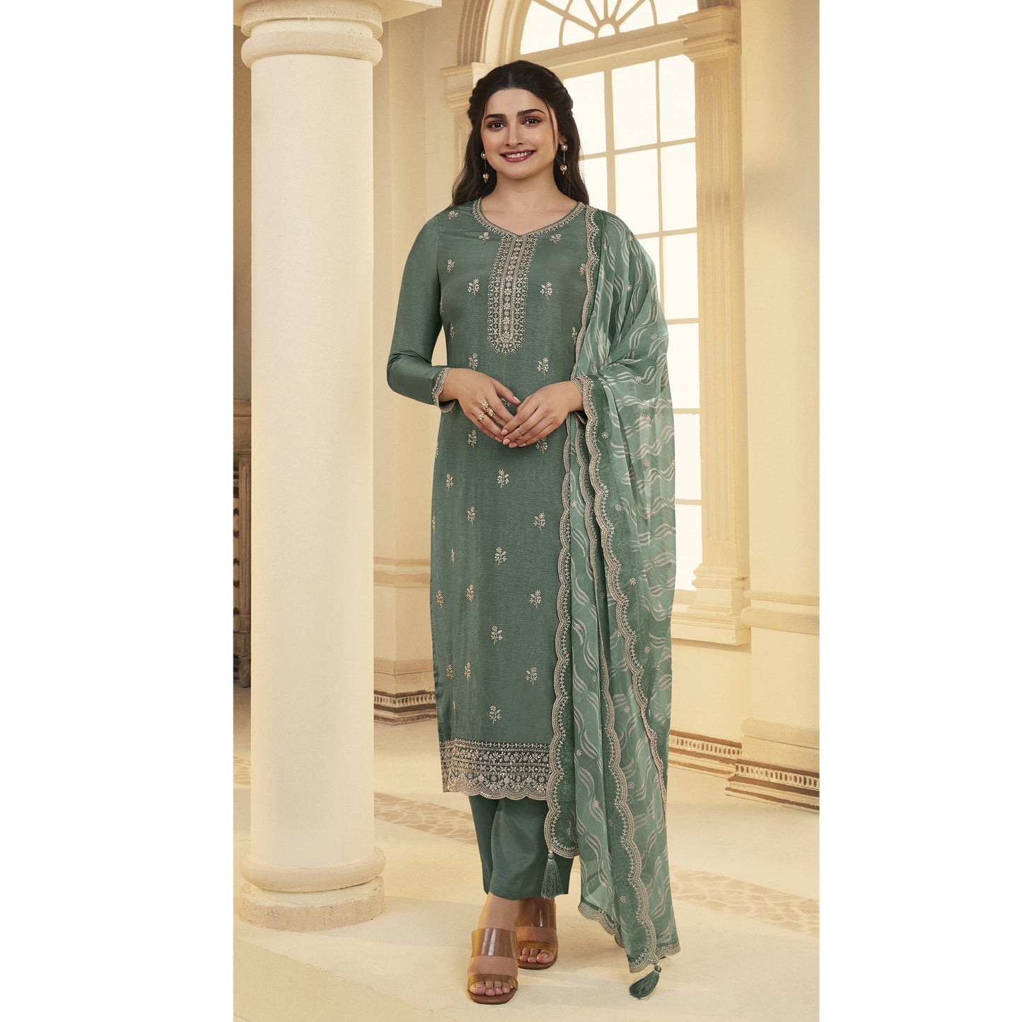 Pakistani Designer Embroidery Work Salwar kameez Palazzo Suit With Digital Printed Organza Dupatta