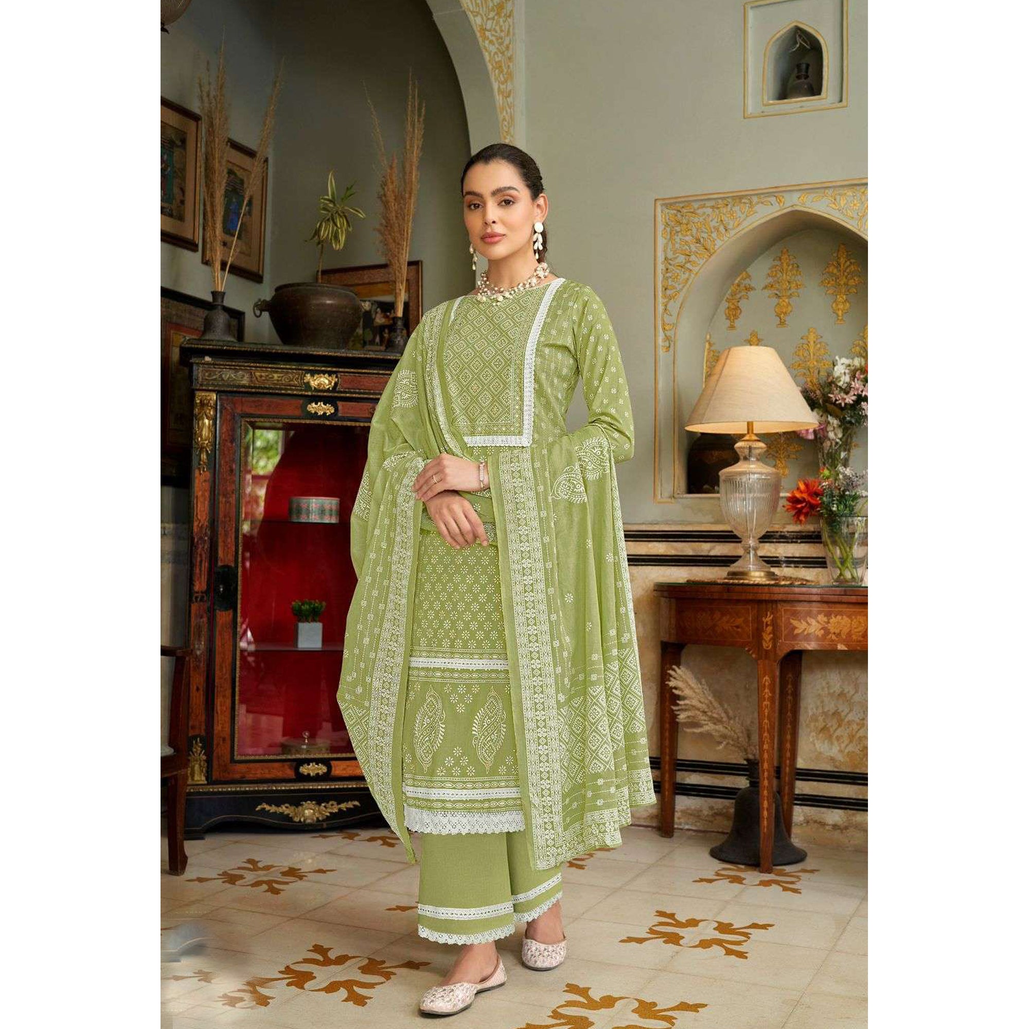 Olive Green Designer Cotton Print Embroidery Work Salwar Kameez Plazzo Pant Suit