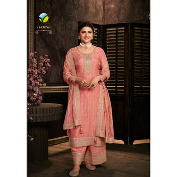 Trending Peach Color Designer Embroidery With Jacquard Work Salwar kameez Plazzo Suit