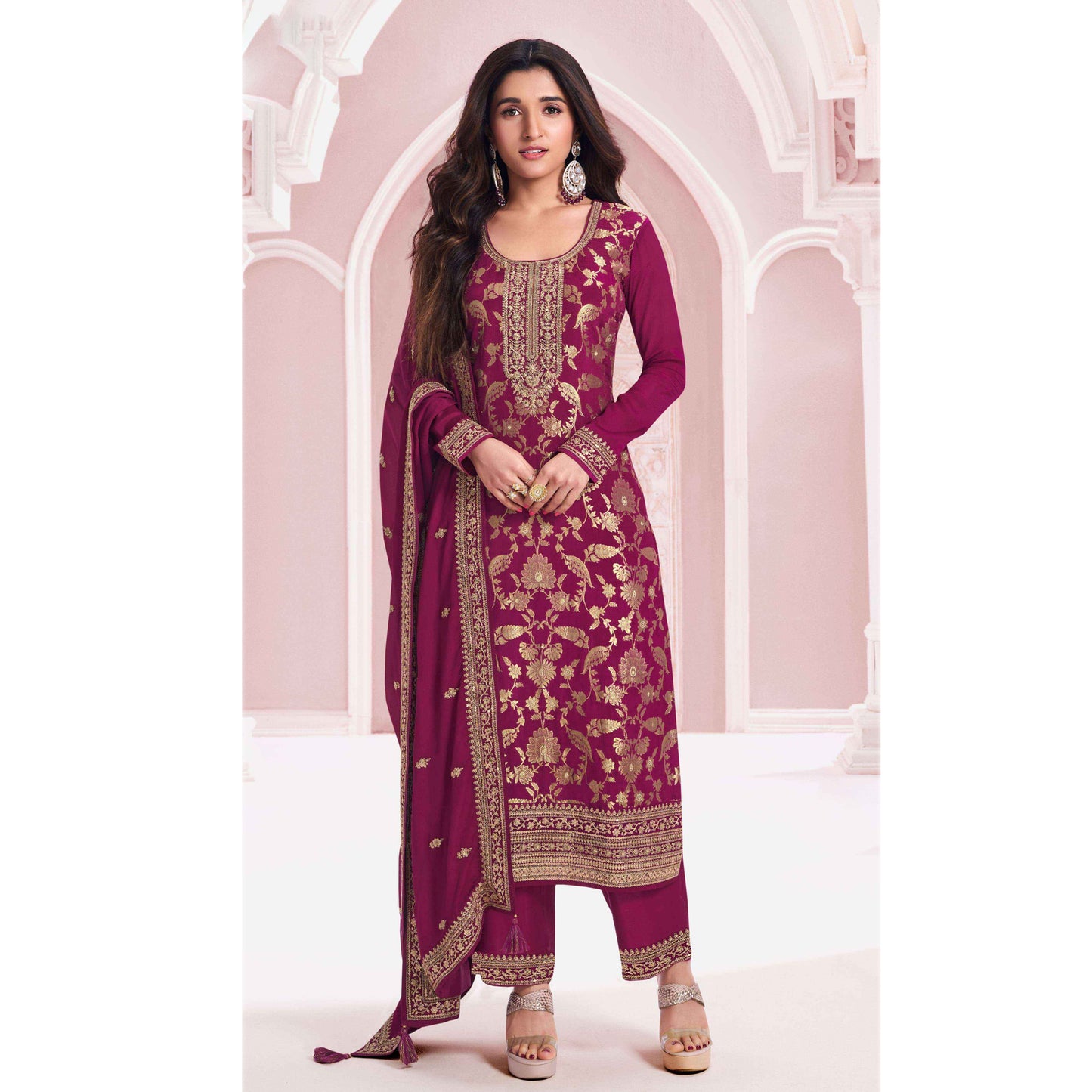 Women's Wear Embroidery Santoon Fabric Salwar Kameez Pant Suits With Chinon Dupatta