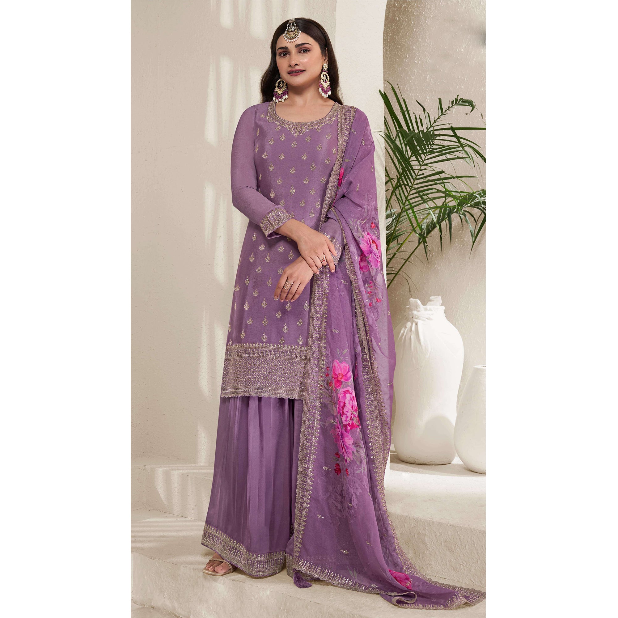 Light Purple Color Wedding Reception Wear Embroidery Worked Salwar Kameez Plazzo Suits