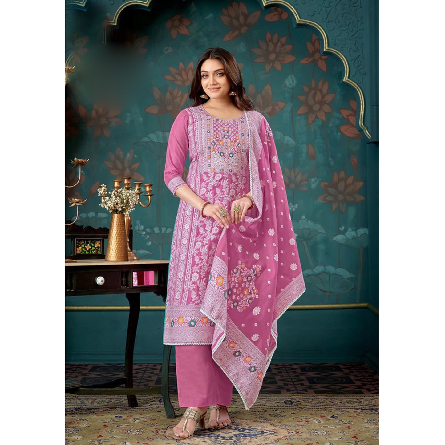 Indian Jacquard Designer Handwork Salwar Kameez Plazzo Pant Suits Designer Dupatta