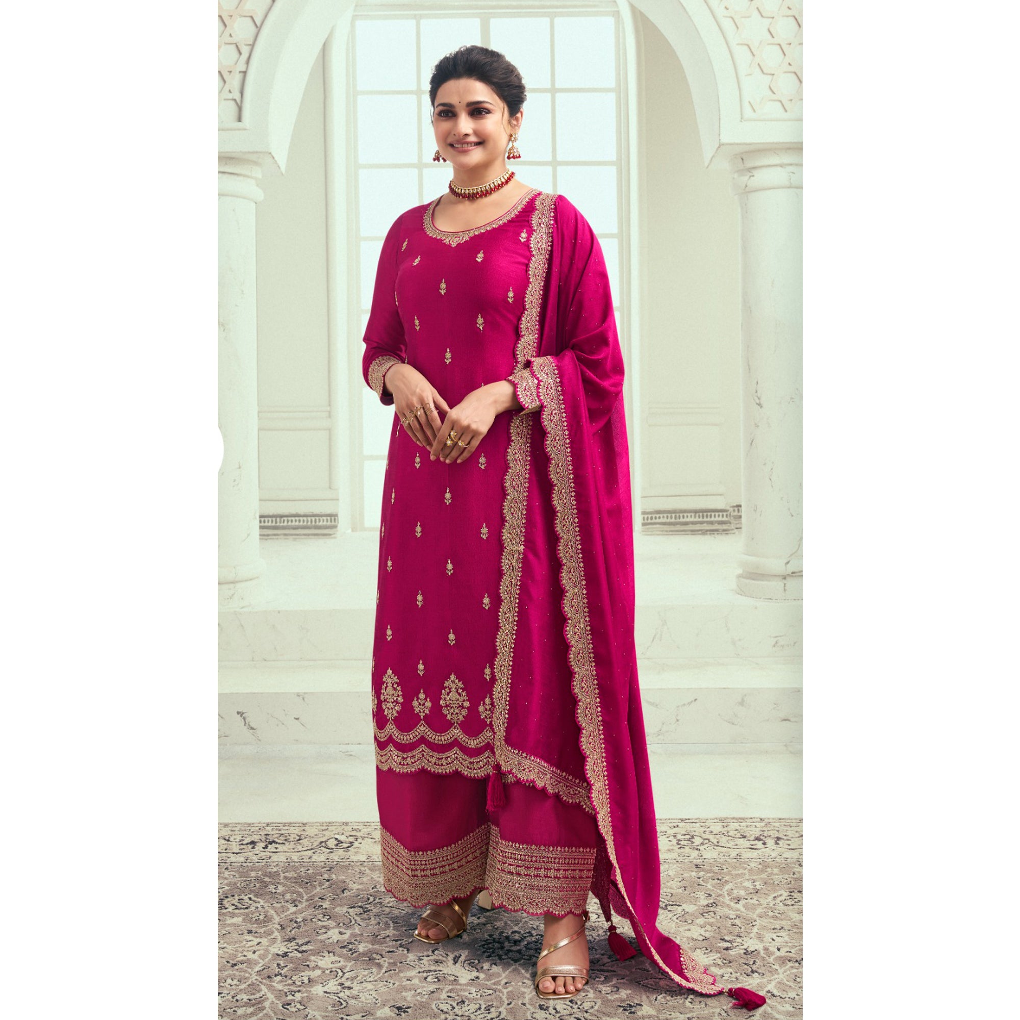 Beautiful Designer Embroidery Silk Georgette Fabric Salwar Kameez Plazzo Suit With Dupatta