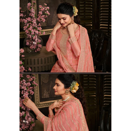 Trending Peach Color Designer Embroidery With Jacquard Work Salwar kameez Plazzo Suit