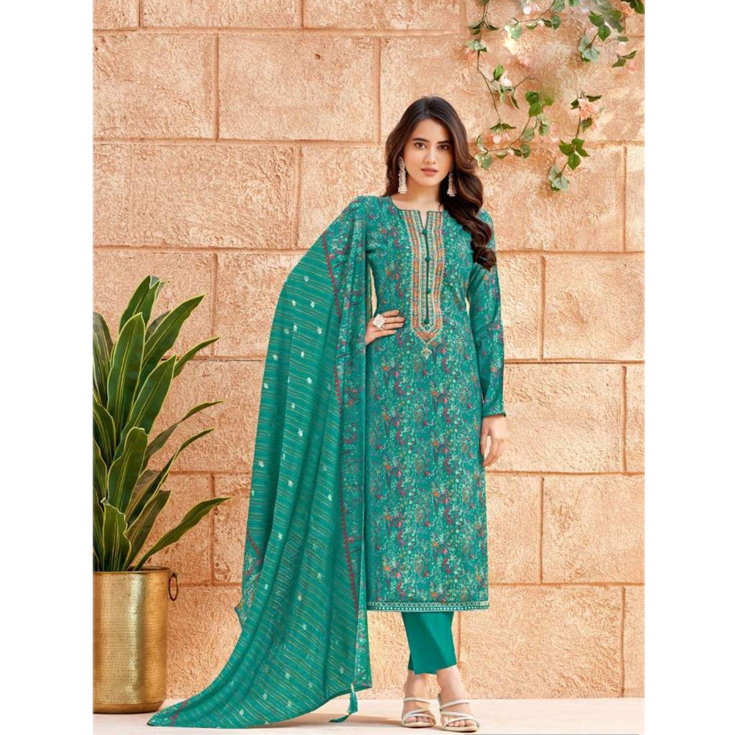 Pakistani Designer Foil Printed With Neck Embroidery Work Salwar Kameez Plazzo Pant Suits