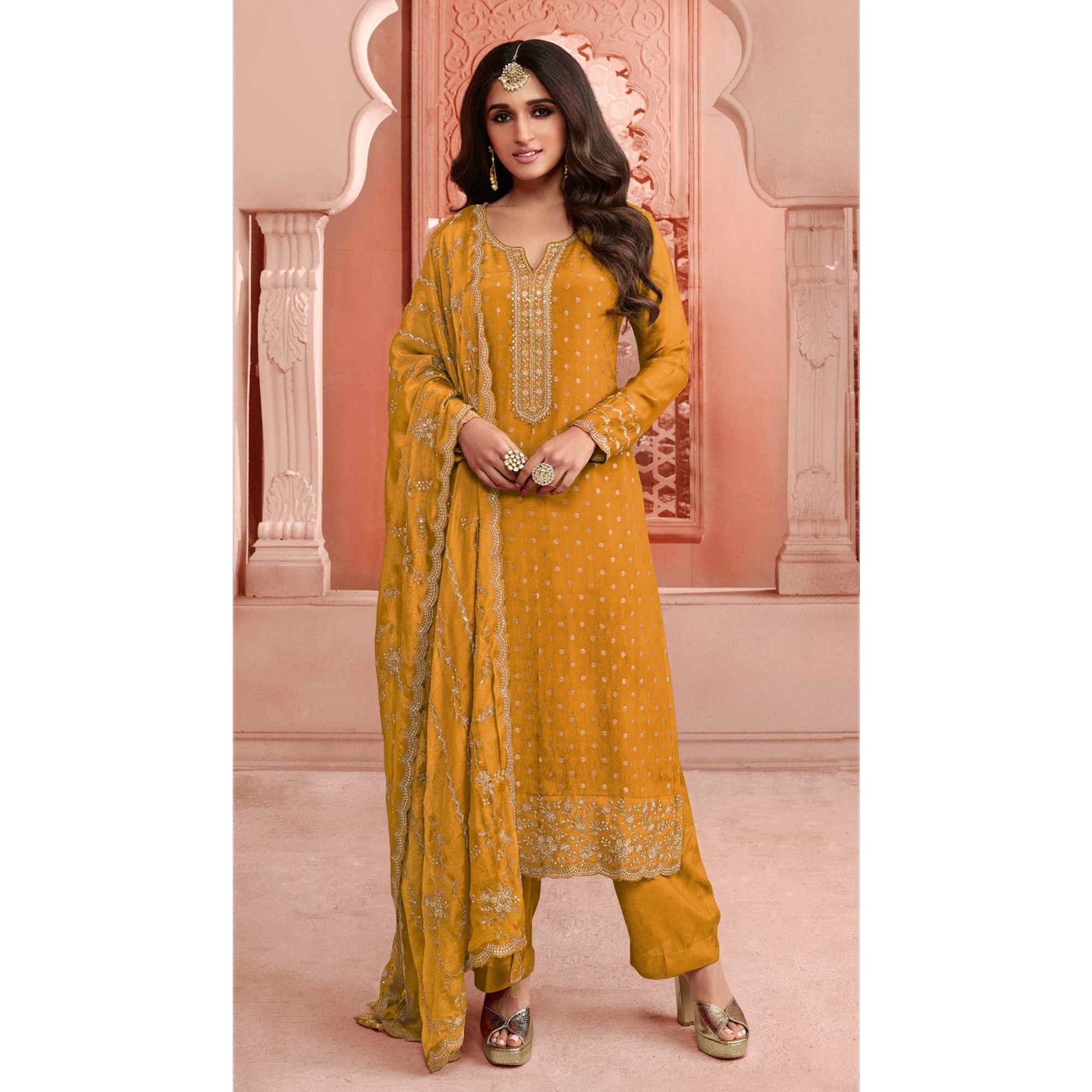 Heavy Embroidery Work Shalwar Kameez Palazzo-pant Suits With Heavy Dupatta